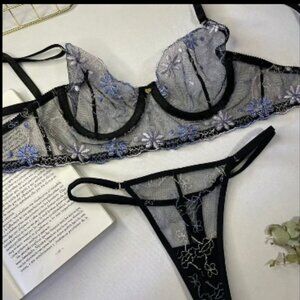 Steph Black Purple Floral Embroidered Mesh Bra & Thong Lingerie Set
